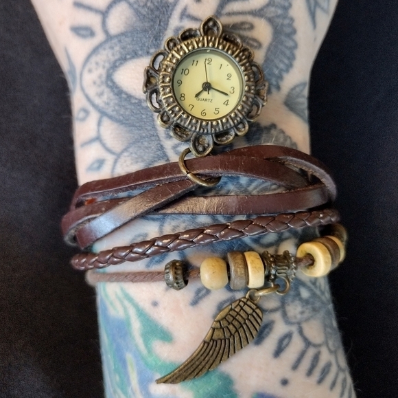Jewelry - Vintage Boho Beaded Brown Leather Wrap Watch